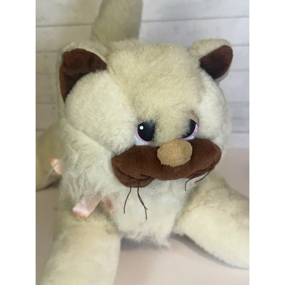Vintage Tonka Pound Purries White Persian Cat Plush Stuffed Animal Pink Ribbon